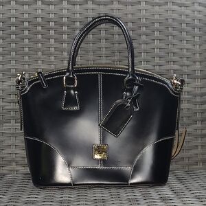 Dooney & Bourke Black and Tan Leather Satchel with Structured Design